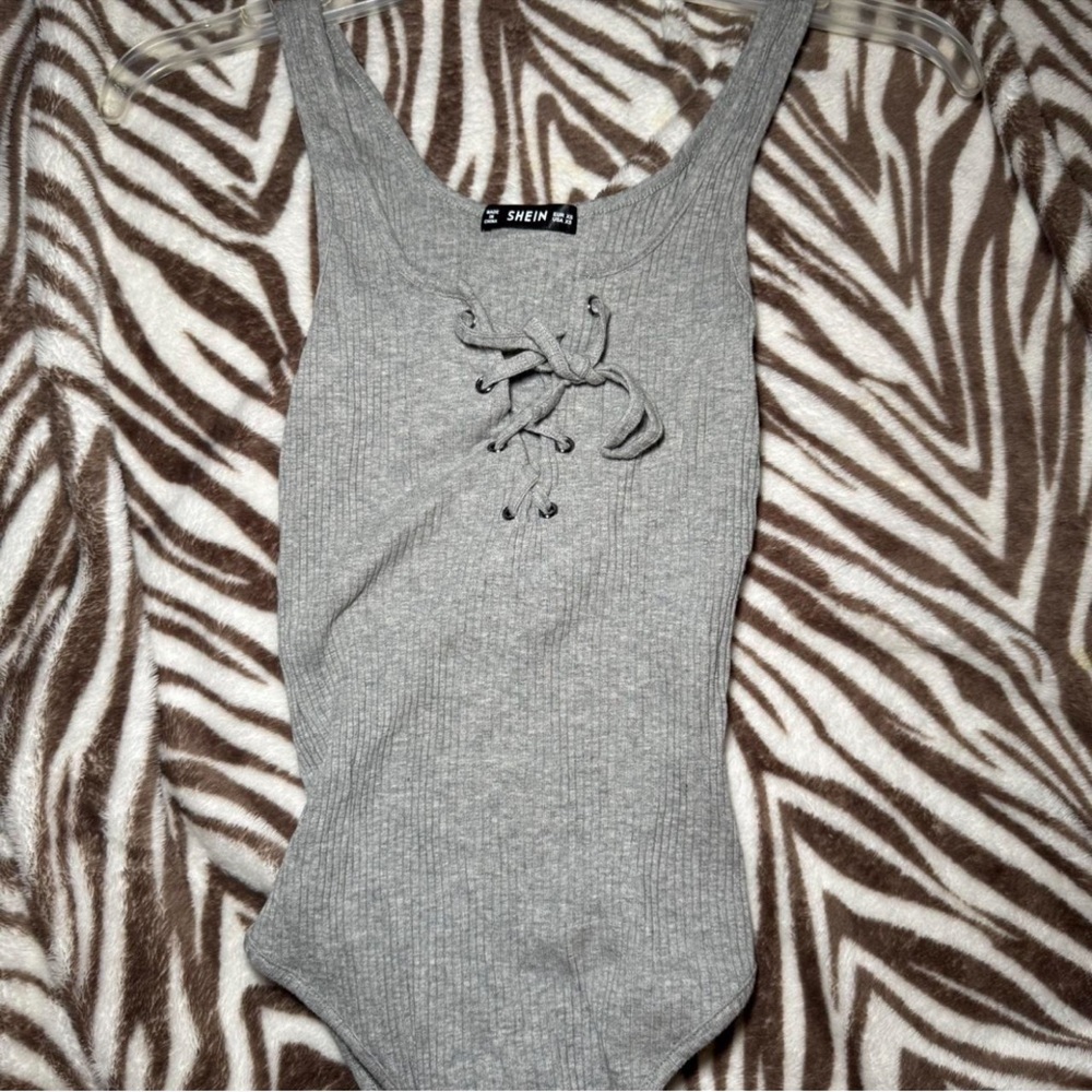 SHEIN Gray Lace-Up Ribbed Bodysuit